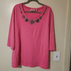 the quacker factory Pink Floral Gingham Embellished Beaded Tunic Tee 1X